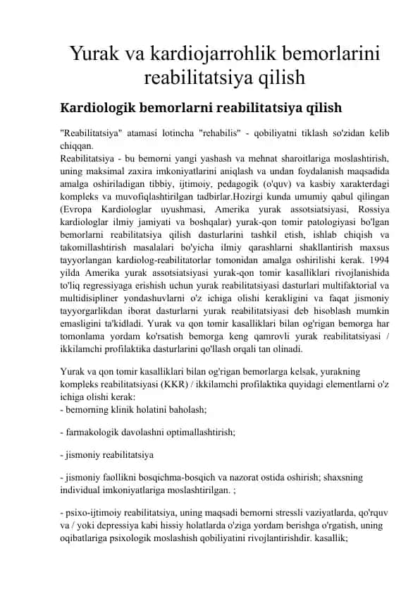 Yurak va kardiojarrohlik bemorlarini reabilitatsiya qilish