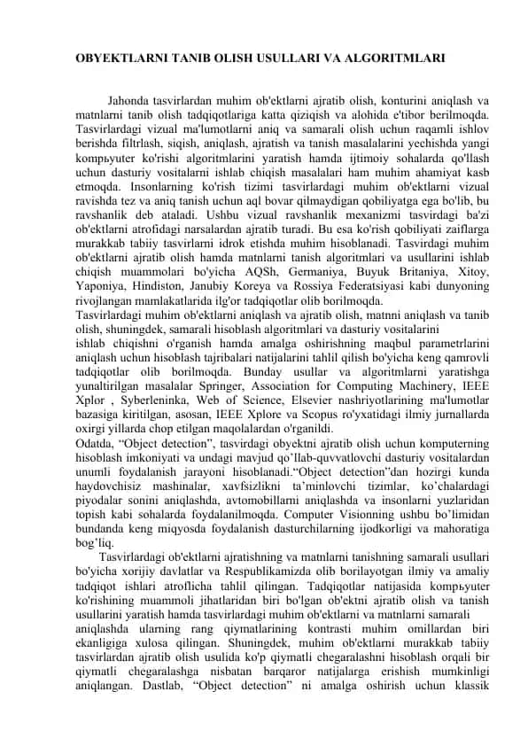 OBYEKTLARNI TANIB OLISH USULLARI VA ALGORITMLARI