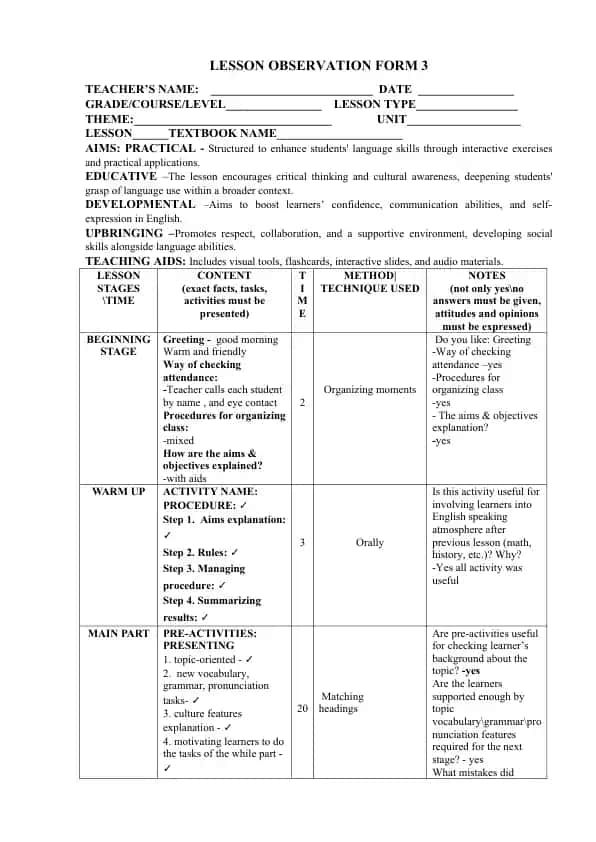 Lesson Observation Form 3