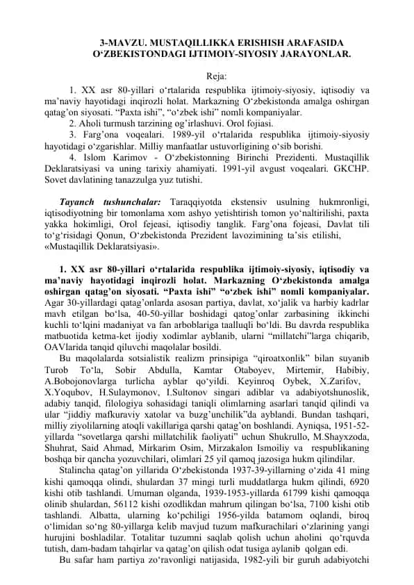 XX asr 80-yillari respublikadagi ijtimoiy-siyosiy, iqtisodiy va ma'naviy holat haqida tushunchalar