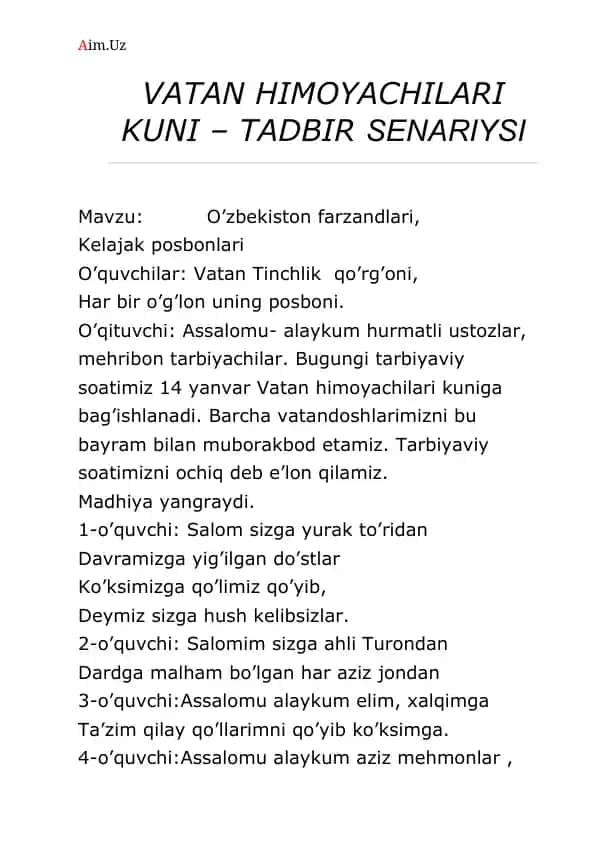 VATAN HIMOYACHILARI KUNI – TADBIR SENARIYSI