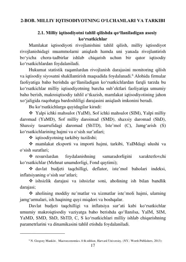 Milliy iqtisodiyotning o‘lchamlari va tarkibi