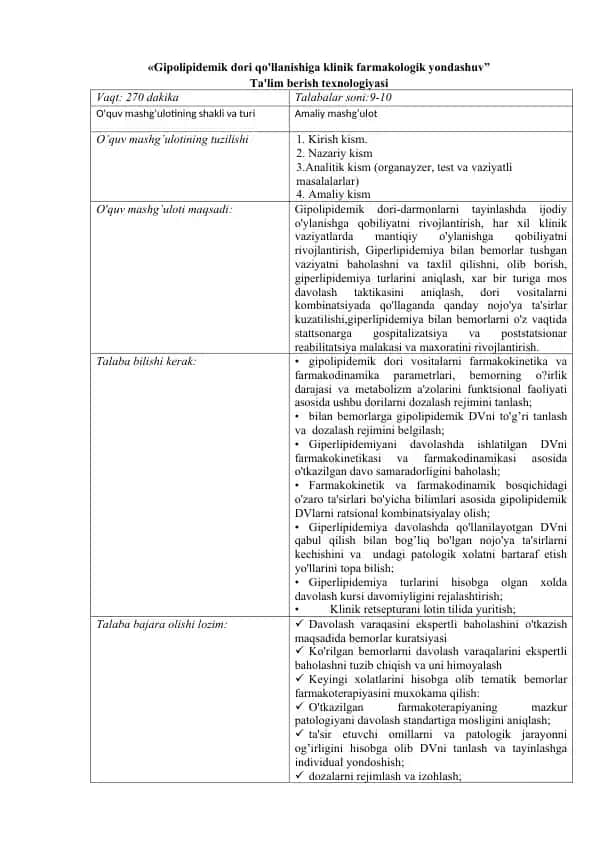Gipolipidemik dori qo'llanishiga klinik farmakologik yondashuv