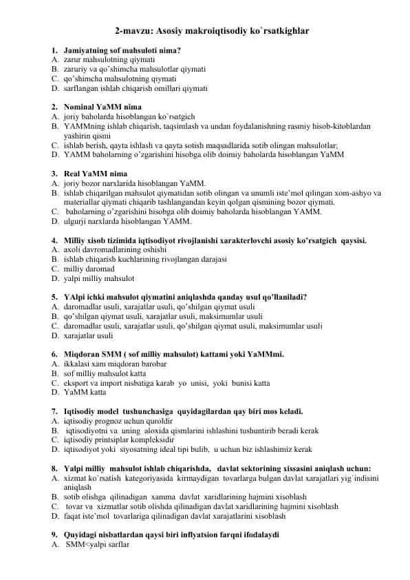 Asosiy makroiqtisodiy ko`rsatkighlar