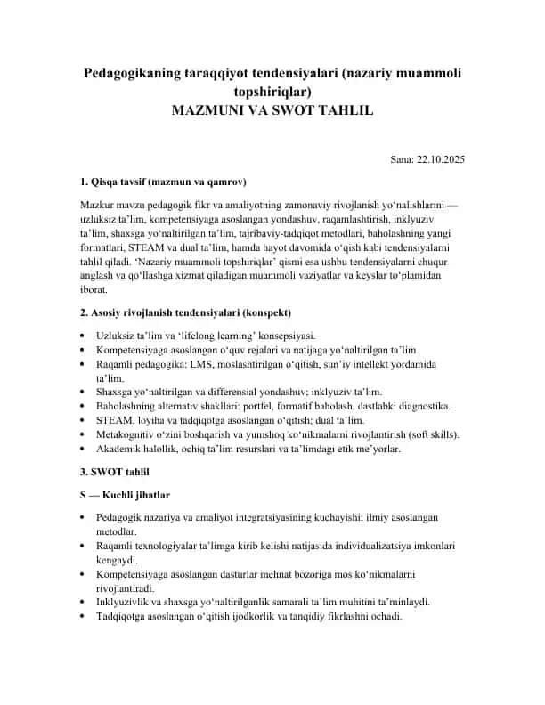 Pedagogikaning taraqqiyot tendensiyalari