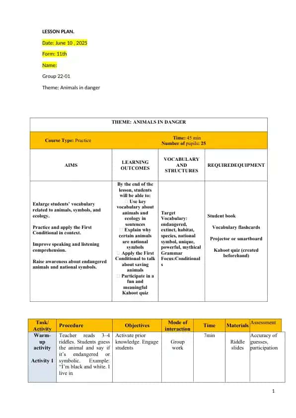 animals in danger lesson plan