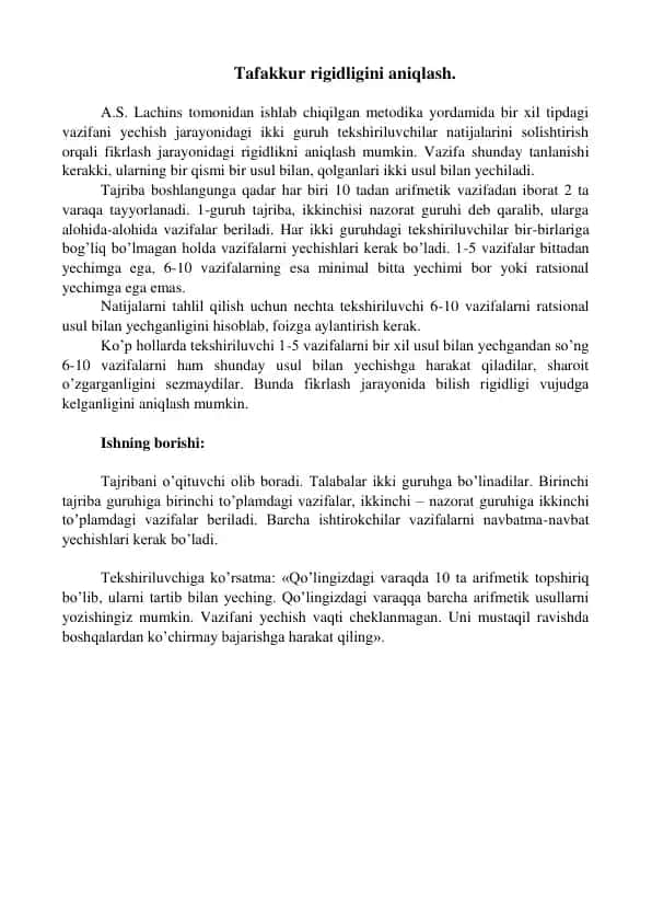 Tafakkur rigidligini aniqlash metodikasi