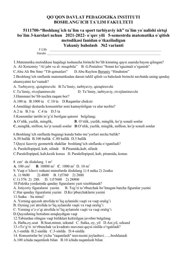 Matematika o`qitish metodikasi