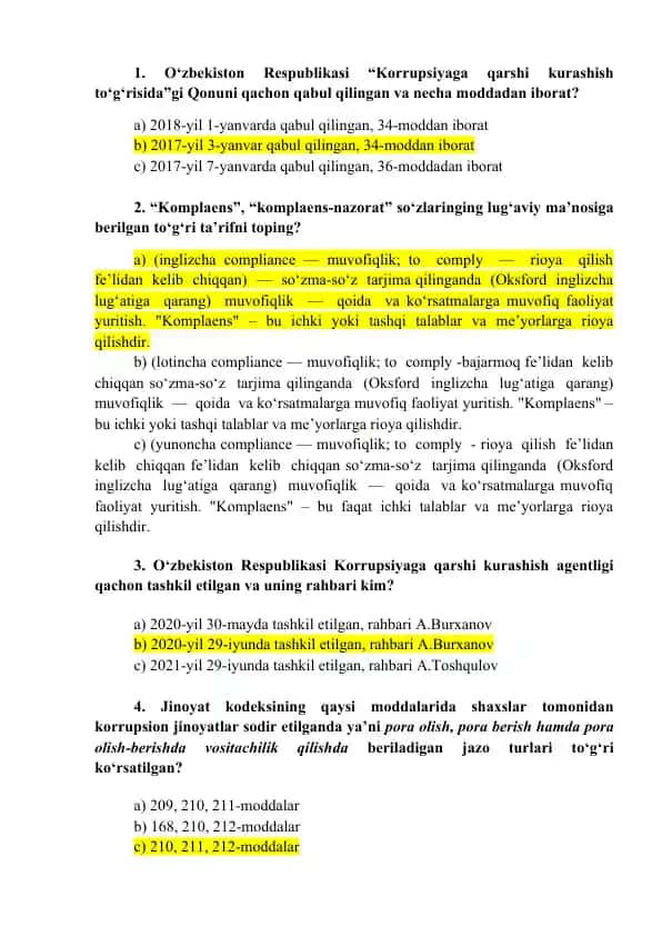 O‘zbekiston Respublikasi qonunlari va tushunchalari bo‘yicha savol-javoblar to‘plami
