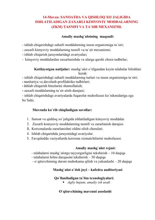 SANOATDA VA QISHLOQ XO`JALIGIDA ISHLATILADIGAN ZAXARLI KIMYOVIY MODDALARNING (ZKM) TASNIFI VA TA`SIR MEXANIZMI