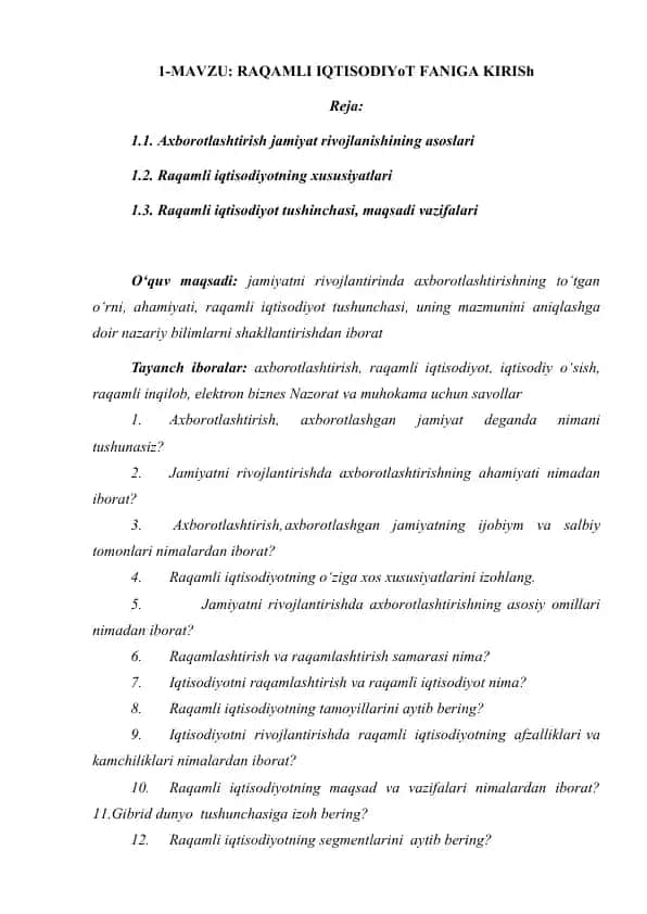Raqamli Iqtisodiyot Faniga Kirish