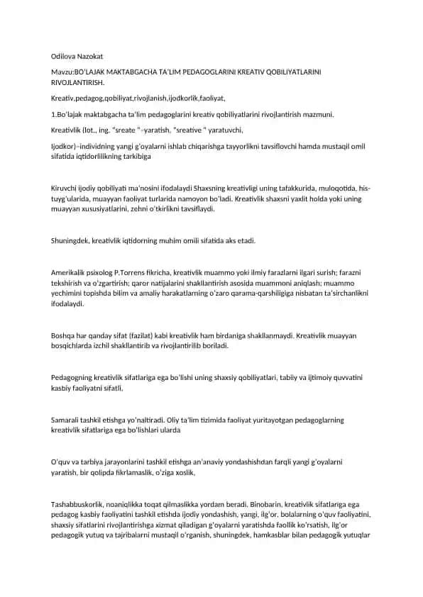 Bo’lajak maktabgacha ta’lim pedagoglarini kreativ qobiliyatlarini rivojlantirish
