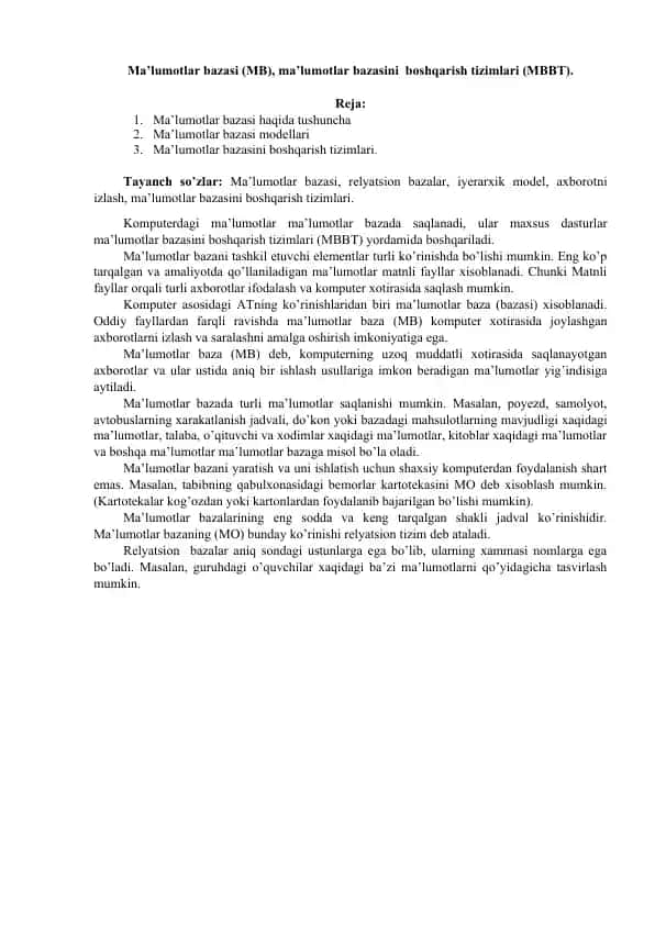 Ma’lumotlar bazasi haqida tushuncha