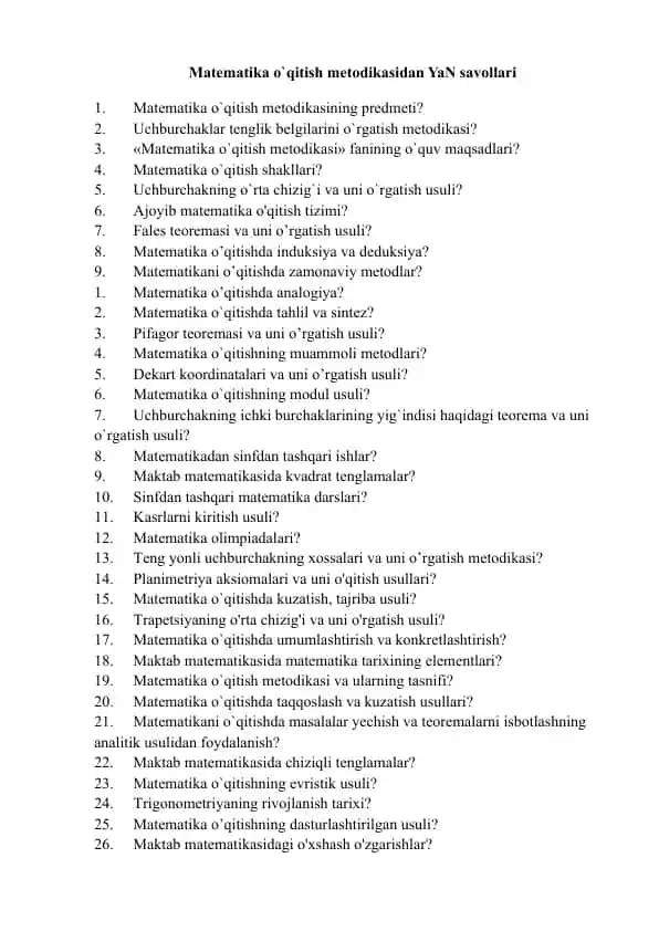 Matematika o`qitish metodikasidan YaN savollari