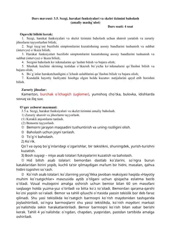 Sezgi, harakat funksiyalari va skelet tizimini baholash