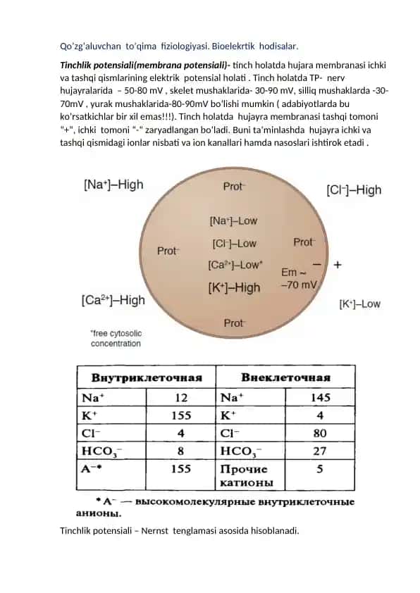 Qo'zg'aluvchan To'qima Fiziologiyasi. Bioelektrik Hodisalar