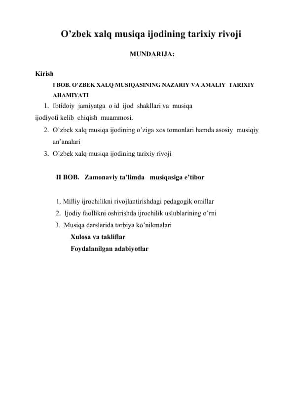 O’zbek xalq musiqa ijodining tarixiy rivoji
