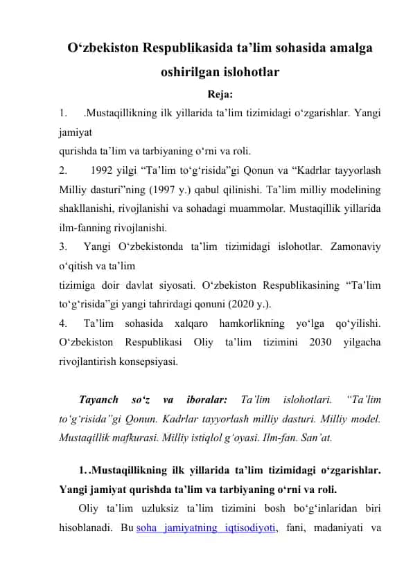 O‘zbekiston Respublikasida ta’lim sohasida amalga oshirilgan islohotlar
