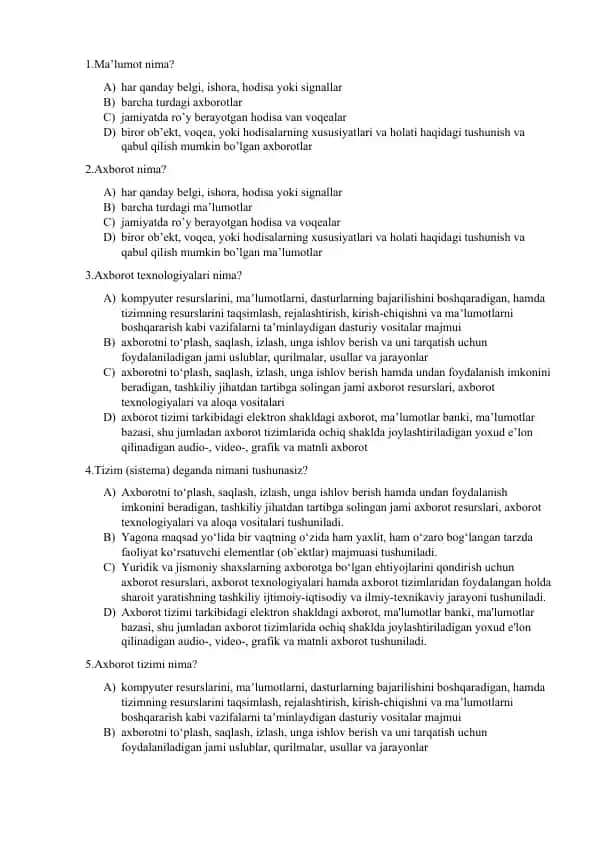 Axborotlar va Ma'lumotlar Texnologiyalari