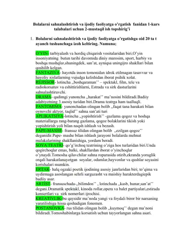 Bolalarni sahnalashtirish va ijodiy faoliyatga o’rgatish fanidan 1-kurs talabalari uchun 2-mustaqil ish topshirig'i