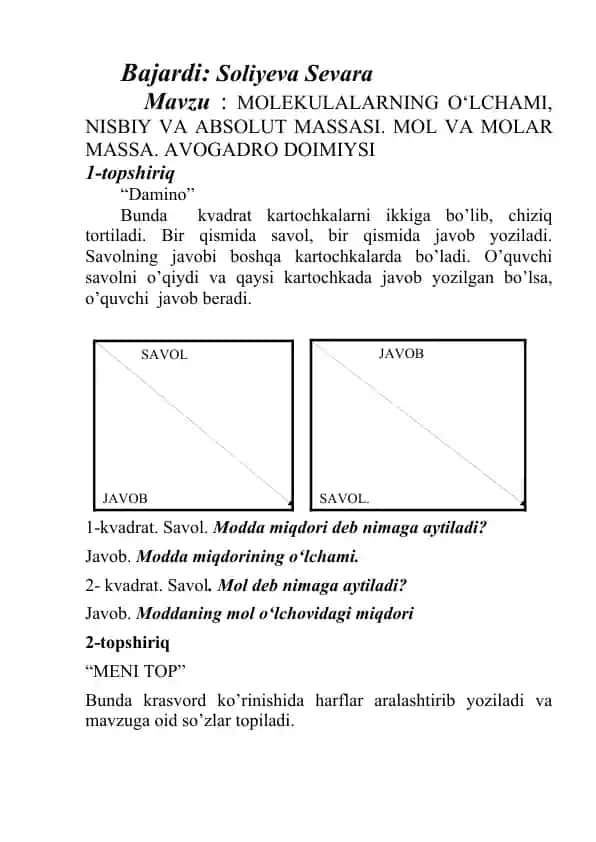 MOLEKULALARNING O‘LCHAMI, NISBIY VA ABSOLUT MASSASI. MOL VA MOLAR MASSA. AVOGADRO DOIMIYSI