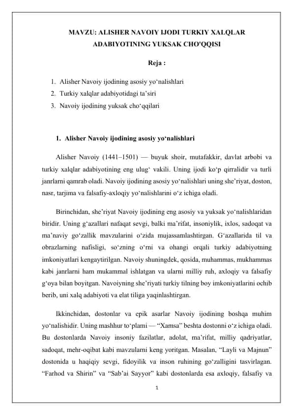 ALISHER NAVOIY IJODI TURKIY XALQLAR ADABIYOTINING YUKSAK CHO'QQISI