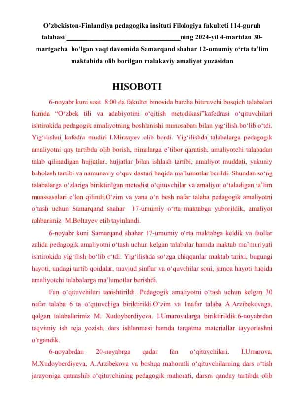 Pedagogik amaliyotni o‘tish metodikasi