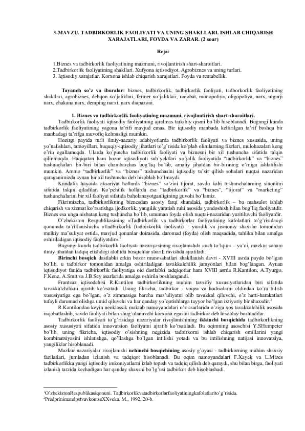 Biznes va tadbirkorlik faoliyati va uning shakllari