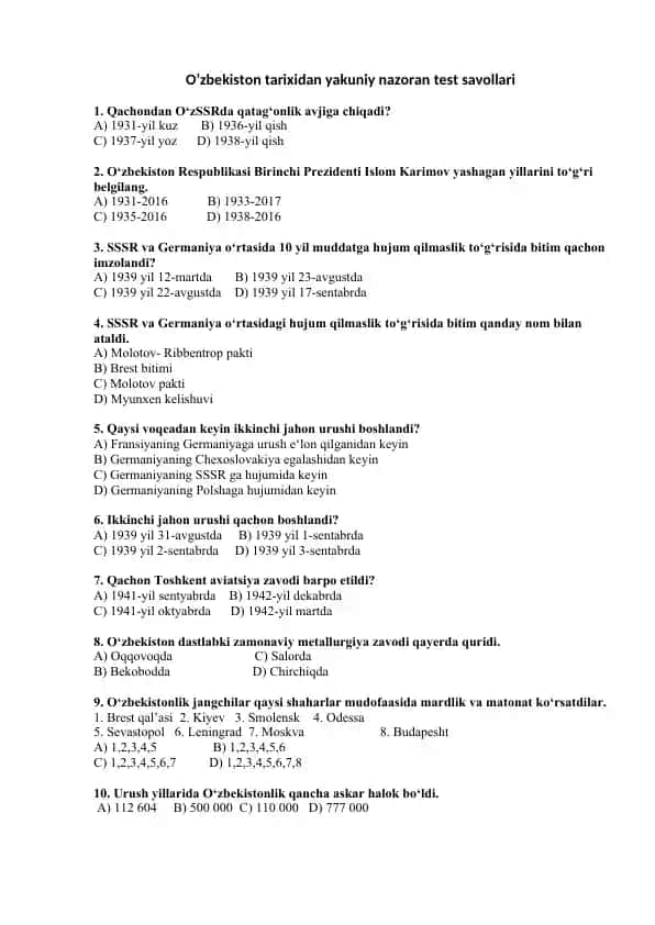 O’zbekiston tarixidan yakuniy nazoran test savollari