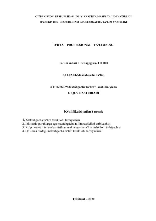 Maktabgacha taʼlim kasbi bo’yicha ingliz tili fanidan o’quv dasturi