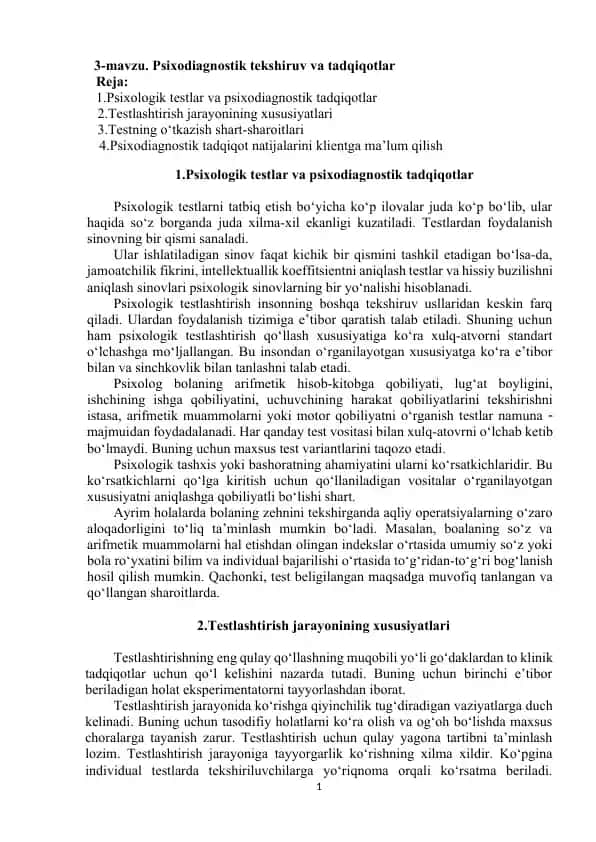 Psixodiagnostik tekshiruv va tadqiqotlar