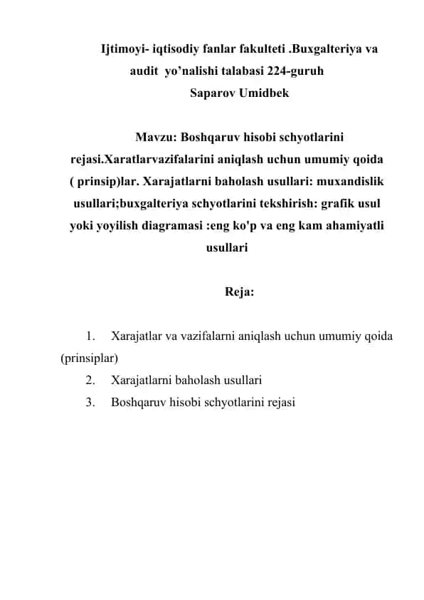 Boshqaruv hisobi schotlari rejasi