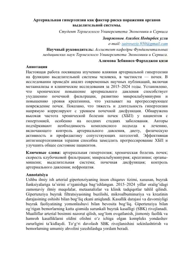 Артериальная гипертензия как фактор риска поражения органов выделительной системы