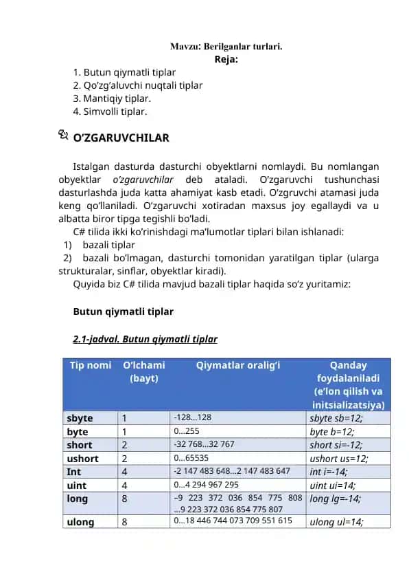 Butun qiymatli tiplar