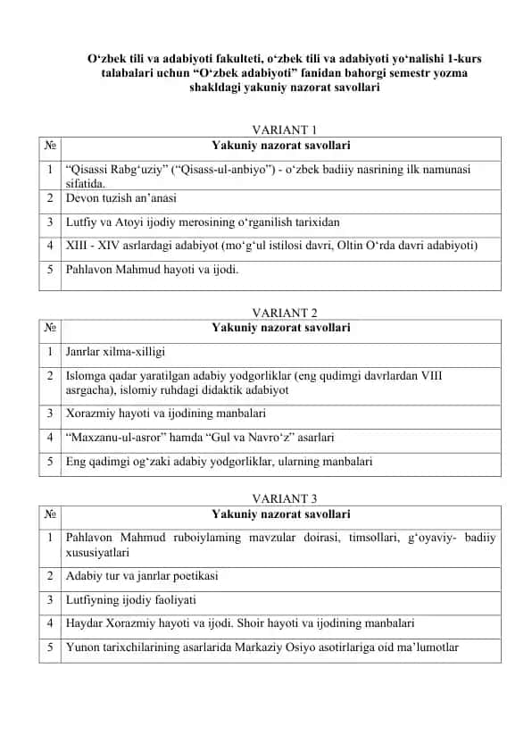 O‘zbek adabiyoti fani bahorgi semestr yozma shakldagi yakuniy nazorat savollari