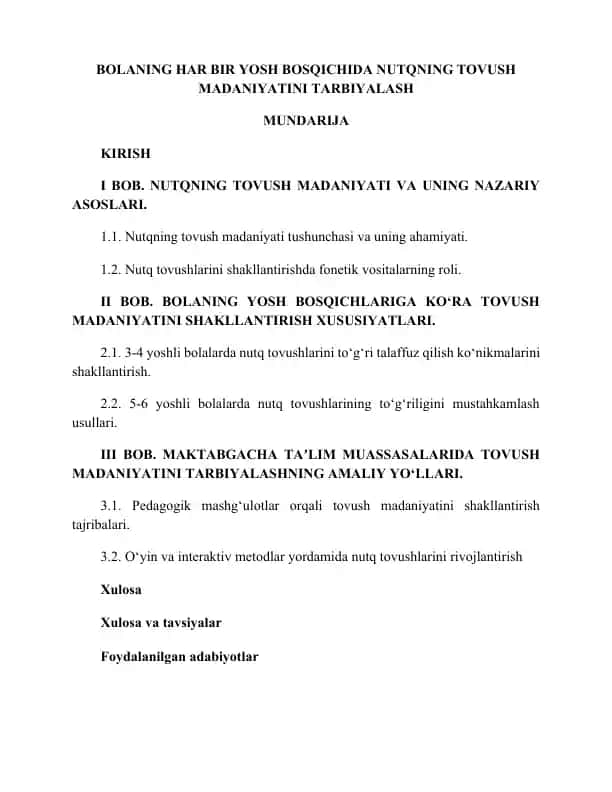 BOLANING HAR BIR YOSH BOSQICHIDA NUTQNING TOVUSH MADANIYATINI TARBIYALASH