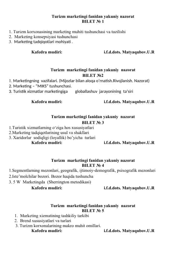 Turizm Marketingi fanidan Yakuniy nazorat