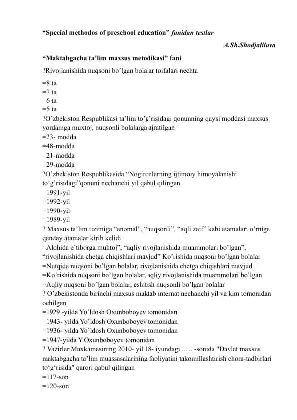 Special methods of preschool education fanidan testlar