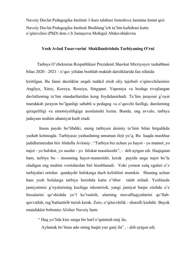 Yosh avlod tasavvurini shakllantirishda tarbiyaning oʻrni