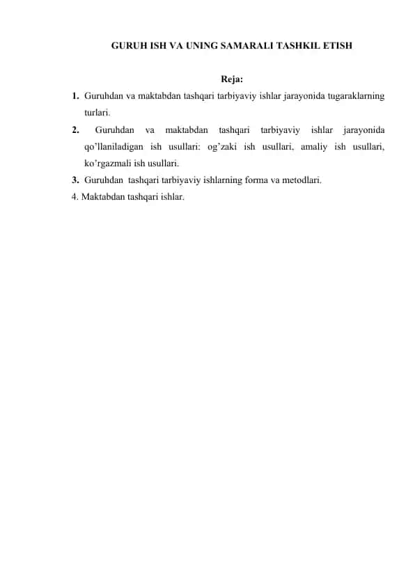 Guruhdan va Maktabdan Tashqari Tarbiyaviy Ishlar