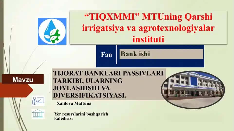 Tijorat Banklari Passivlari Tarkibi, ularning joylashishi va diversifikatsiyasi.