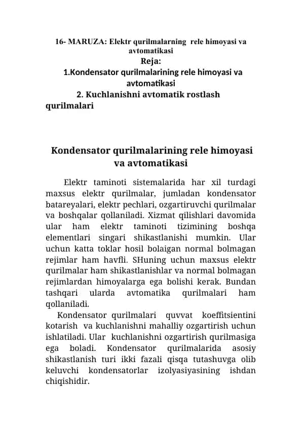 Kondensator qurilmalarining rele himoyasi va avtomatikasi