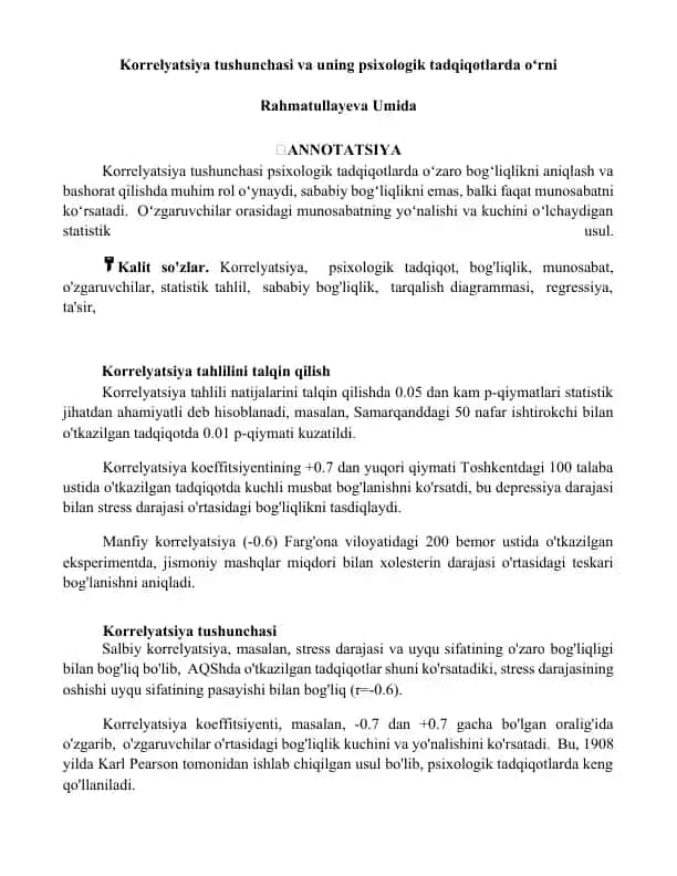 Korrelyatsiya tushunchasi va uning psixologik tadqiqotlarda oʻrni