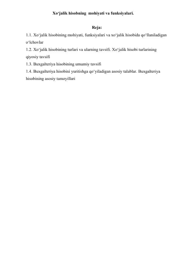 Xo‘jalik hisobning mohiyati va funksiyalari