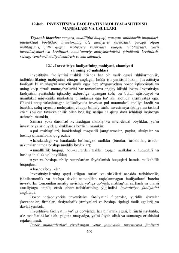 Investitsiya faoliyatini moliyalashtirish manbalari va usullari