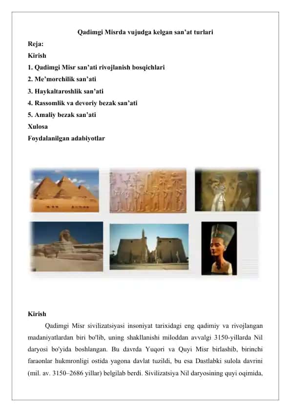Qadimgi Misrda Vujudga Kelgan San’at Turlari