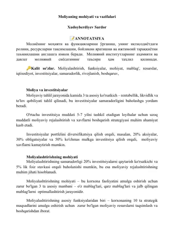 Moliya va investitsiyalar