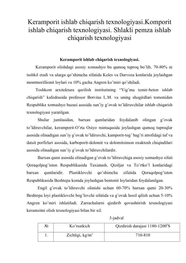 Keramporit ishlab chiqarish texnologiyasi