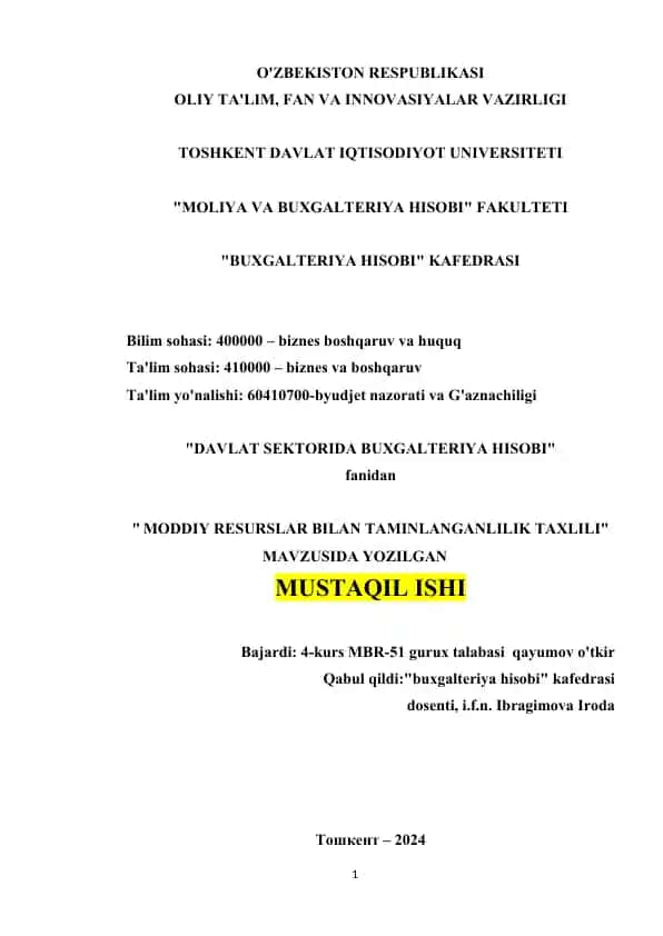 "MODDIY RESURSLAR BILAN TAMINLANGANLILIK TAXLILI"
