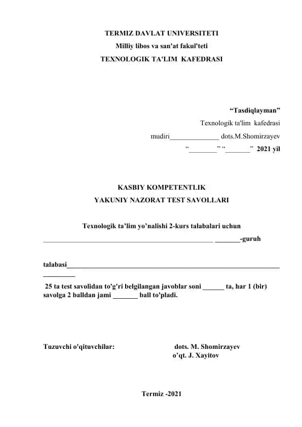 KASBIY KOMPETENTLIK YAKUNIY NAZORAT TEST SAVOLLARI